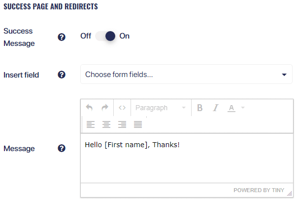 Success Message and redirect