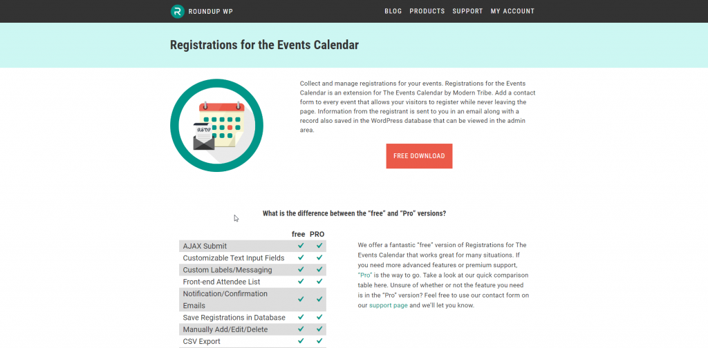 Registration for the Events calendar Page Screenshot