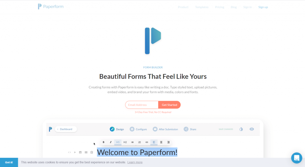 Paperform Home Page Screenshot