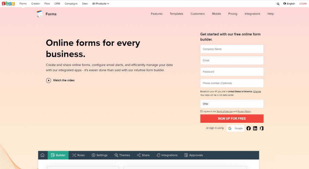 Zoho Forms Product Page Screenshot