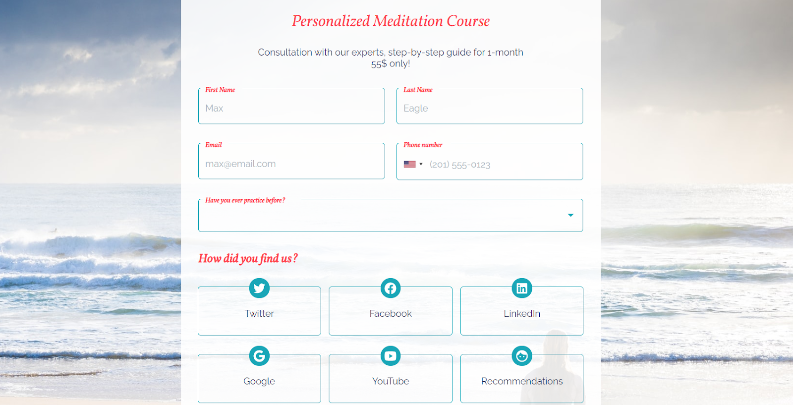 Payment form template with Stripe for Meditation course powered by FormBuilder