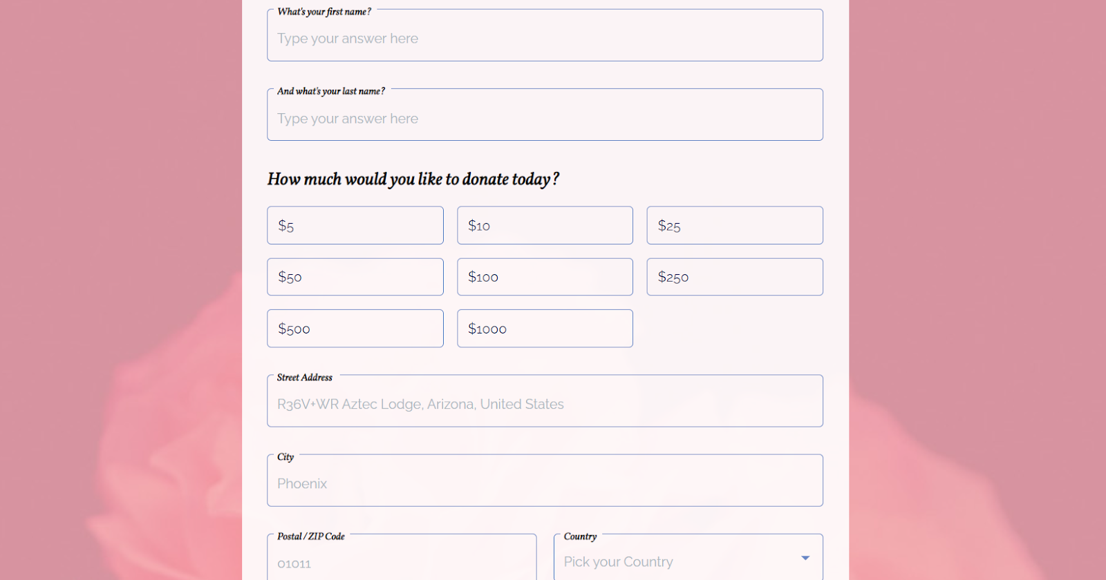 Donation payment form template powered by FormBuilder