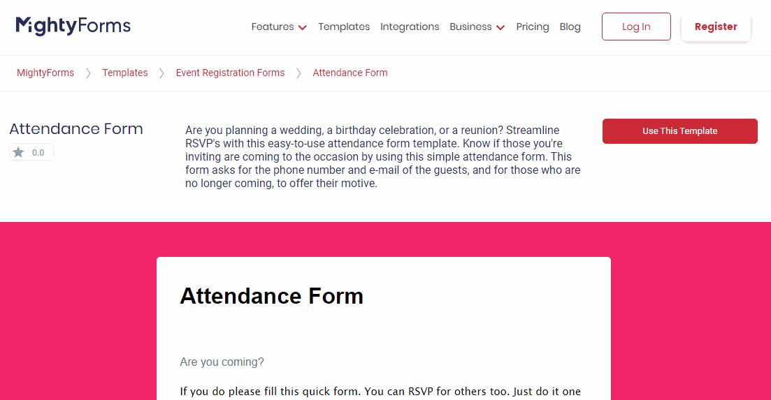 Attendance form template - FormBuilder