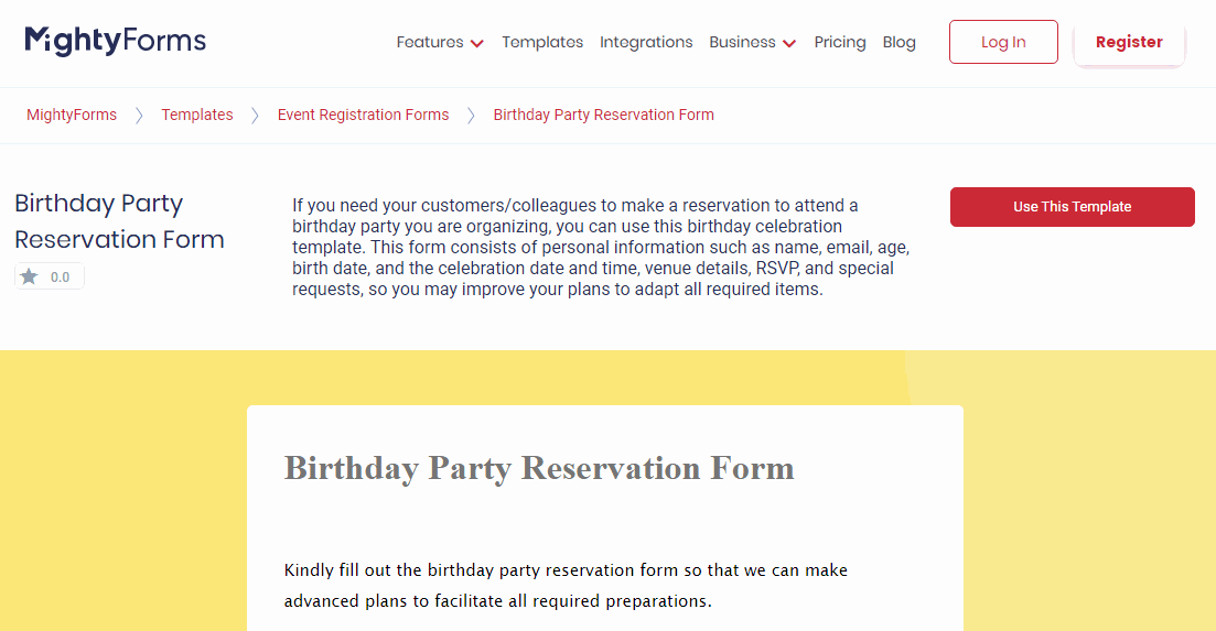 Birthday Party Reservation Form Template - FormBuilder