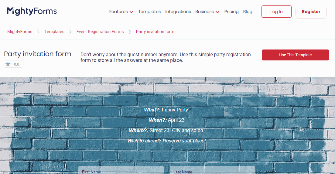 Party Invitation Form Template - FormBuilder